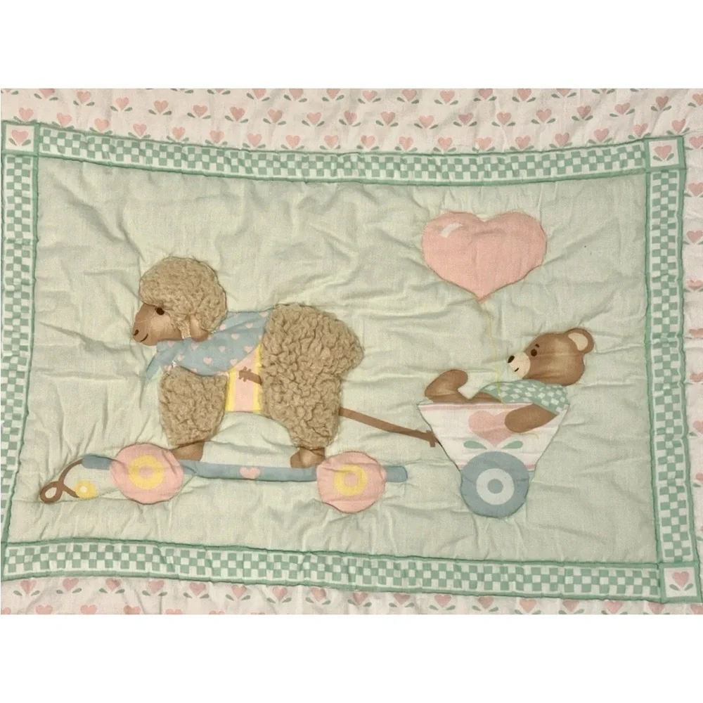 VTG Daisy Kingdom Teddy Bear & Plush Lamb Baby Blanket Ruffled Quilt 42